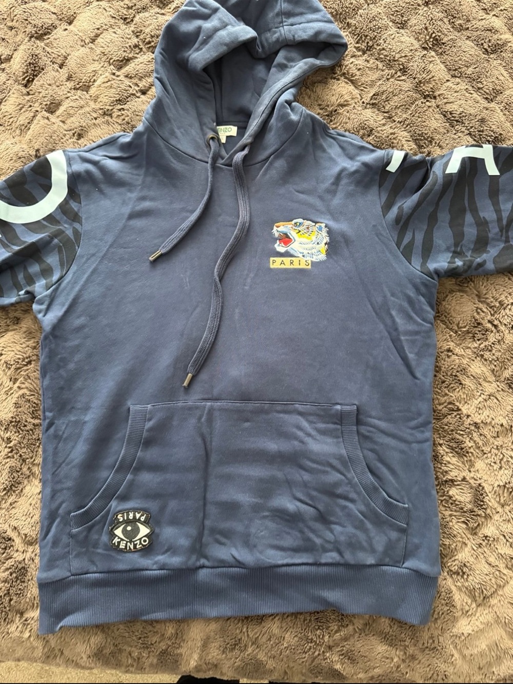 Kenzo Blue Tiger Embroidered Hoodie with Zebra Sleeve Panels